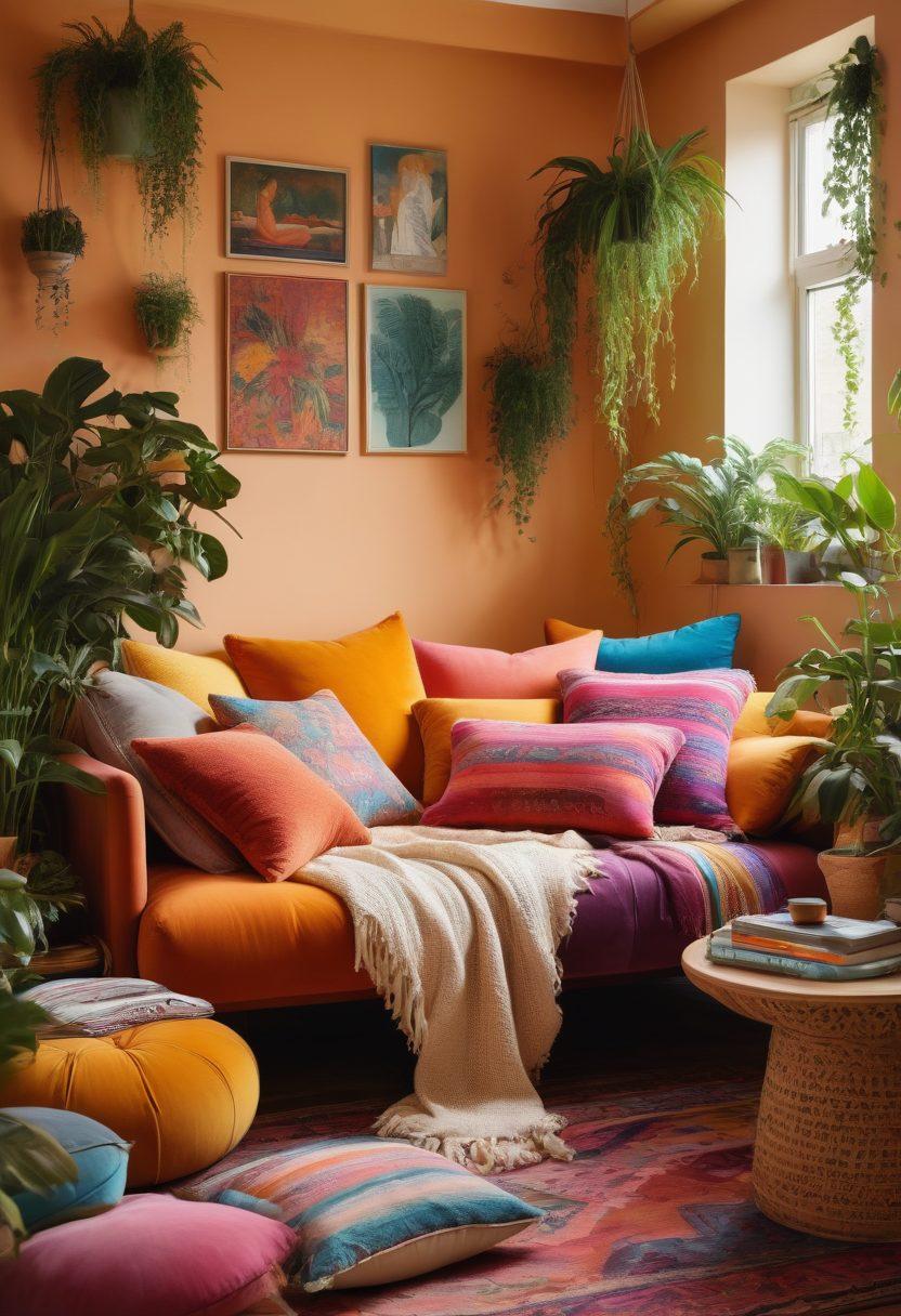 A cozy living room filled with soft textiles and vibrant colors, showcasing a diverse group of people of different body types happily lounging together on a plush sofa. Surround them with lush indoor plants, warm lighting, and inspiring art that celebrates body positivity. Incorporate elements like cushions and decor that reflect self-love and acceptance. evocative style. warm colors. vibrant atmosphere.