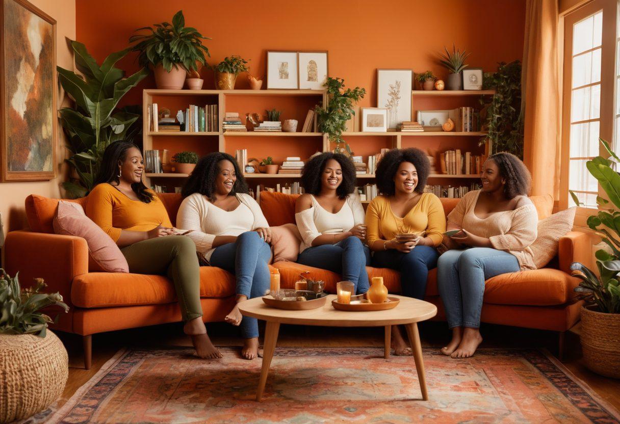 A cozy and inviting living room scene filled with diverse women of different body types sharing personal stories, surrounded by warm colors and soft lighting. Include elements of home like bookshelves filled with inspiring titles, plants, and artwork that celebrates body positivity. The women are engaged, laughing, and supporting each other, creating a sense of community and warmth. Emphasize comfort and authenticity in this intimate setting. vibrant colors. super-realistic.