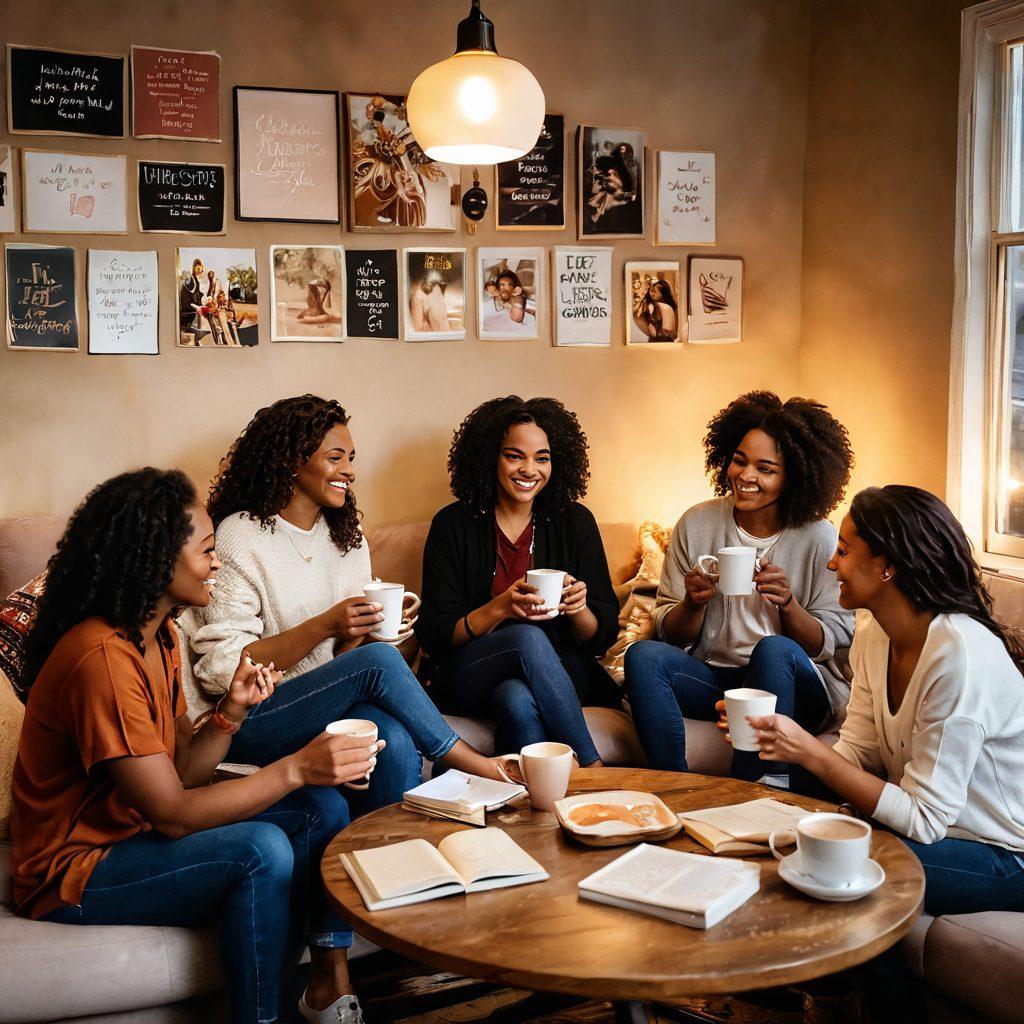 A cozy living room scene featuring a diverse group of women sharing stories over coffee, surrounded by journals, empowering quotes on the walls, and warm lighting that creates an inviting atmosphere. The expressions on their faces reflect inspiration and camaraderie, highlighting themes of female empowerment and storytelling. super-realistic. vibrant colors. warm tones.